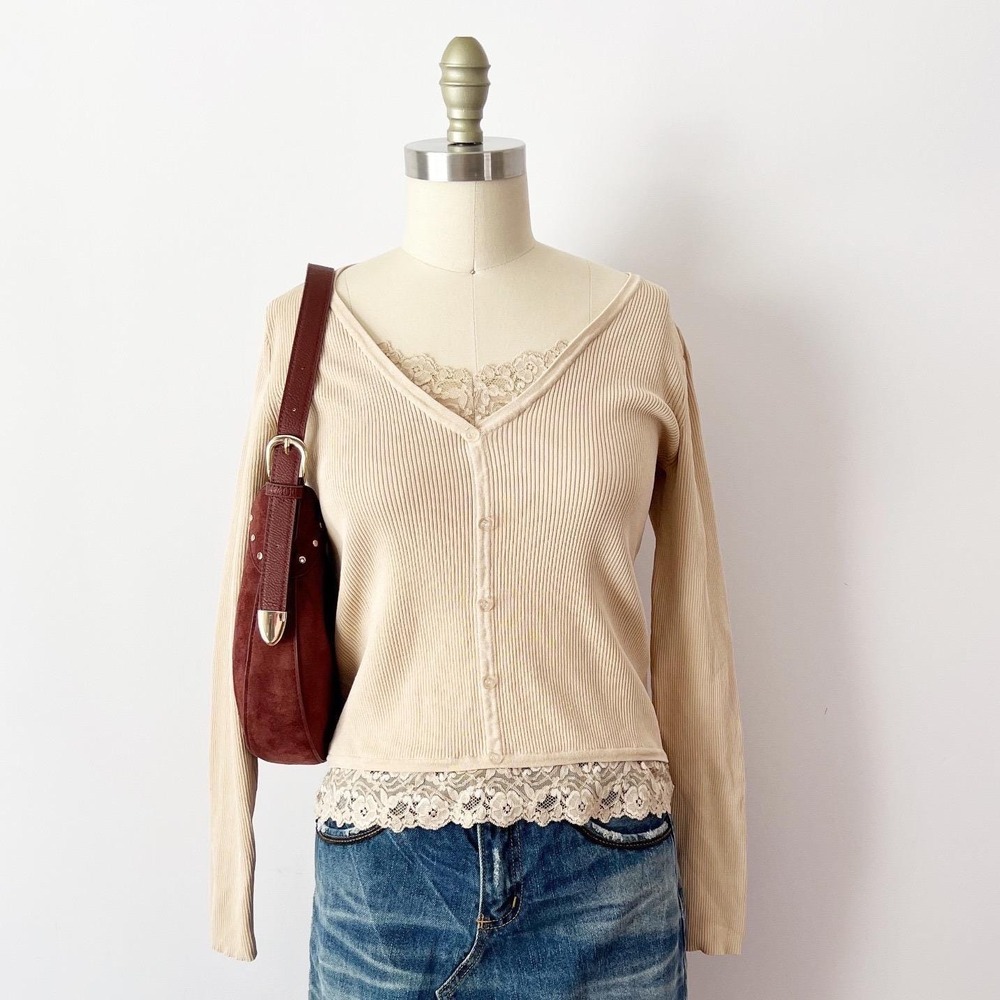 SIZE M August Silk Cardigan-Look Beige Ribbed Lace Trim Silk Blend Button Top